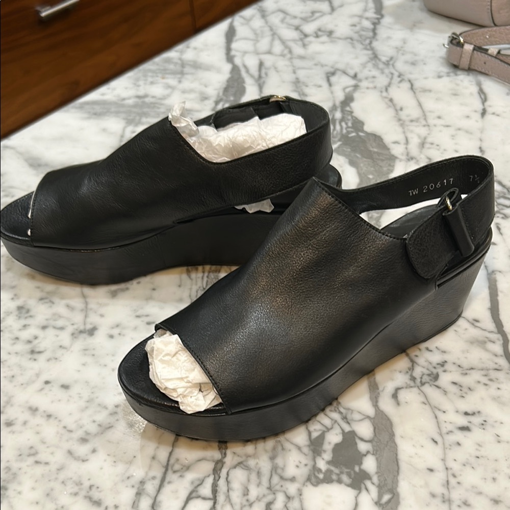 Stuart Weitzman Black Wedge Peep-Toe Sandals